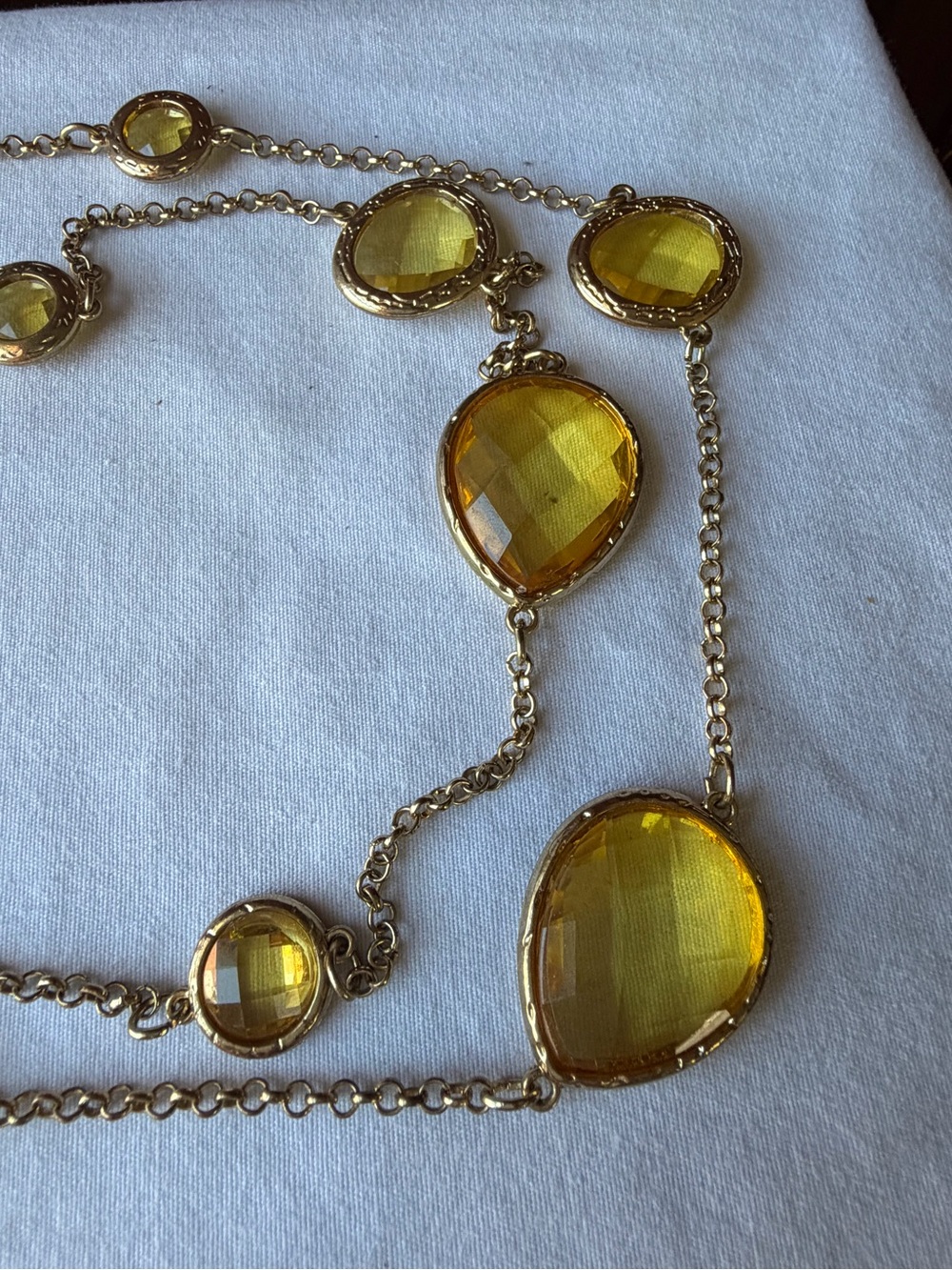 Long Gold Tone Station Necklace Amber Yellow Faceted Acrylic Stones - Picture 7 of 9